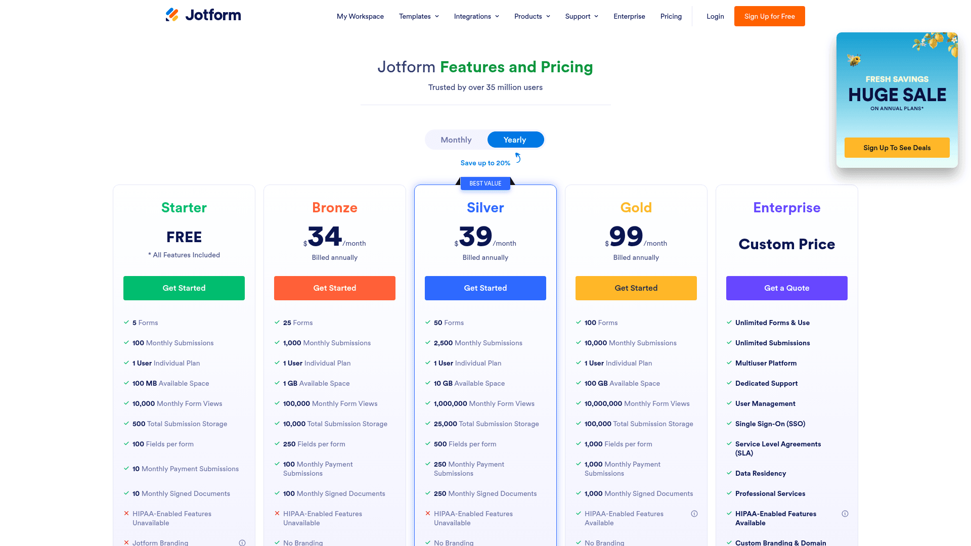 Jotform pricing page screenshot