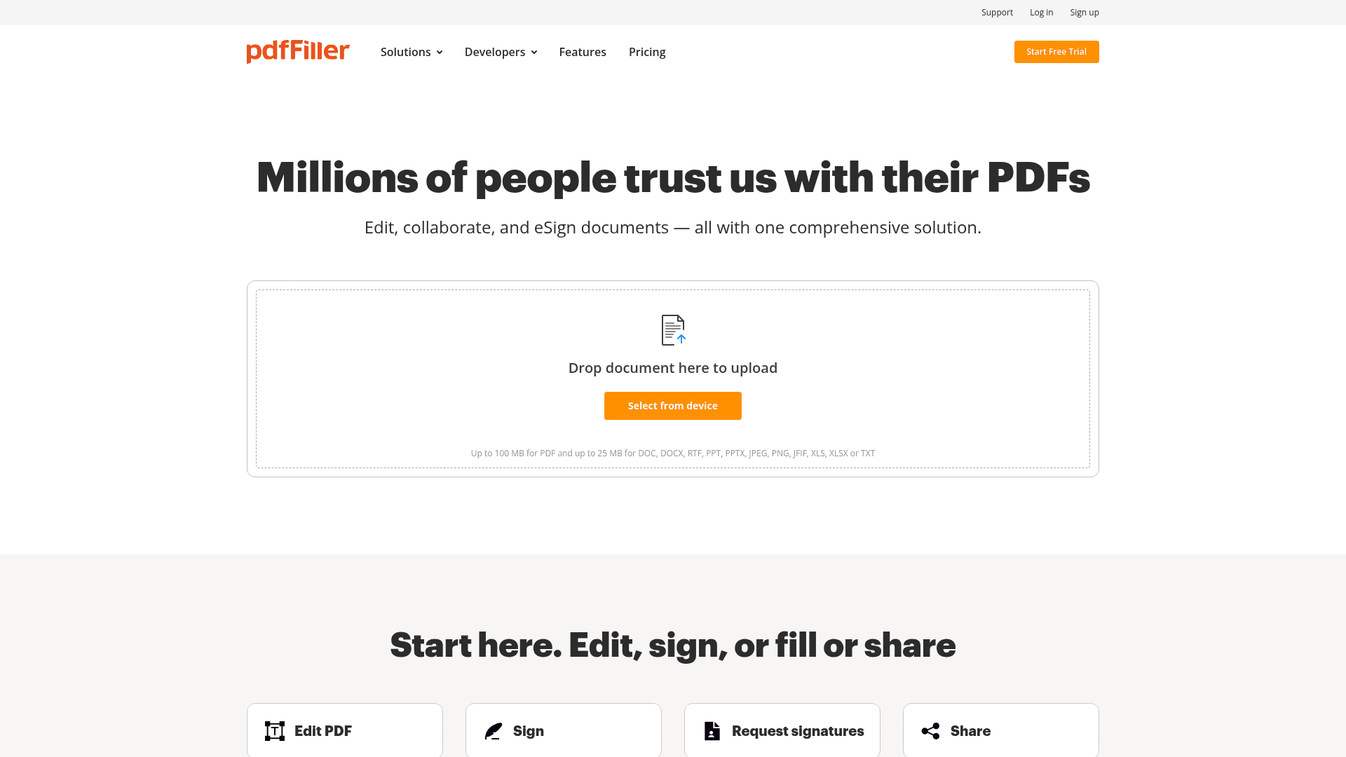 PDFfiller homepage hero screenshot