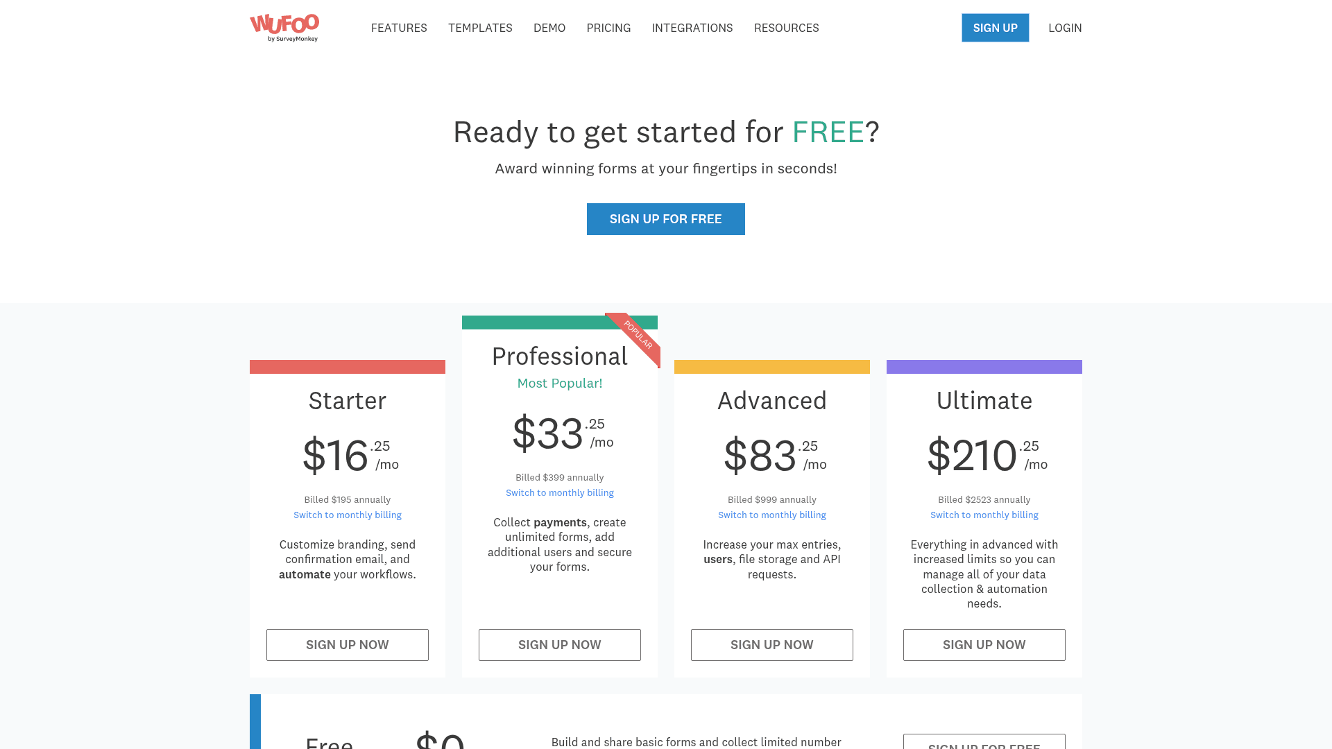 Wufoo pricing page screenshot