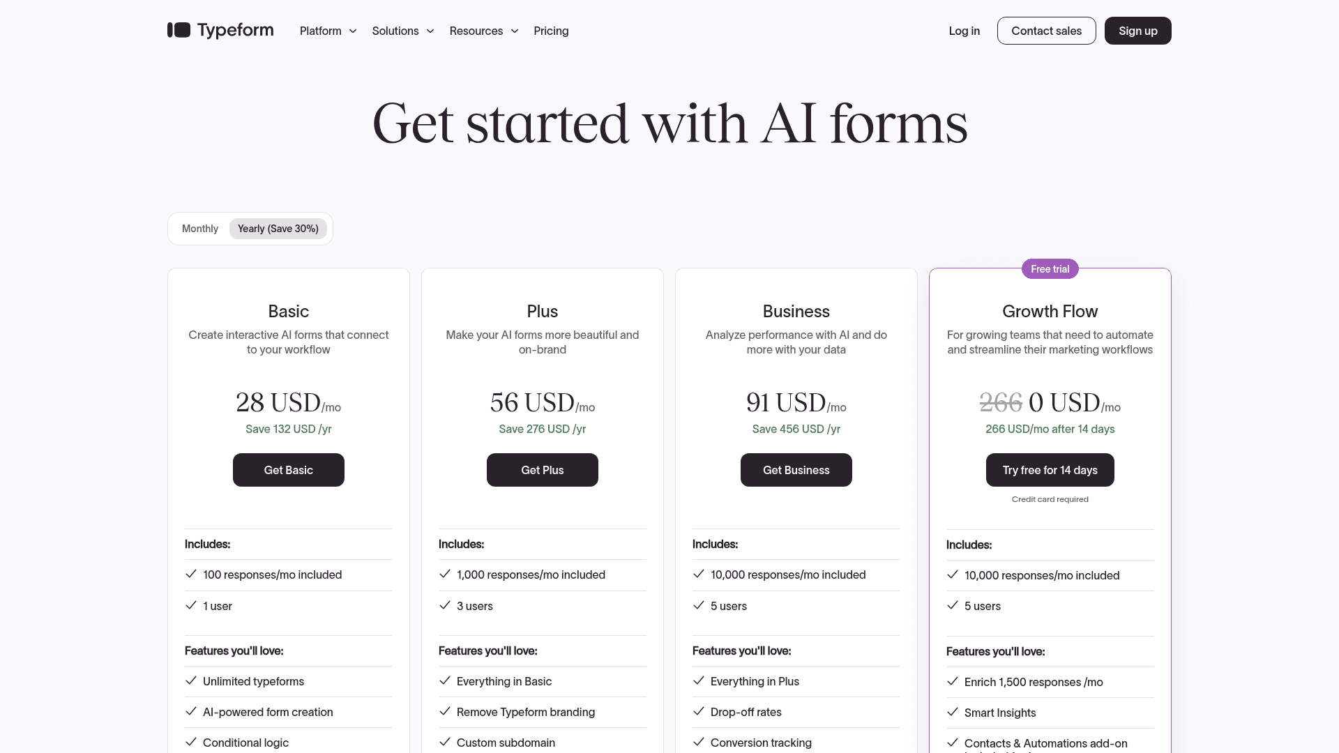 Typeform pricing page screenshot