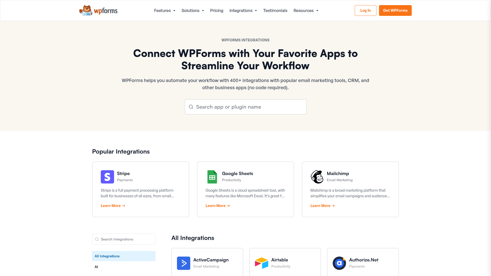 WPForms integrations catalog screenshot