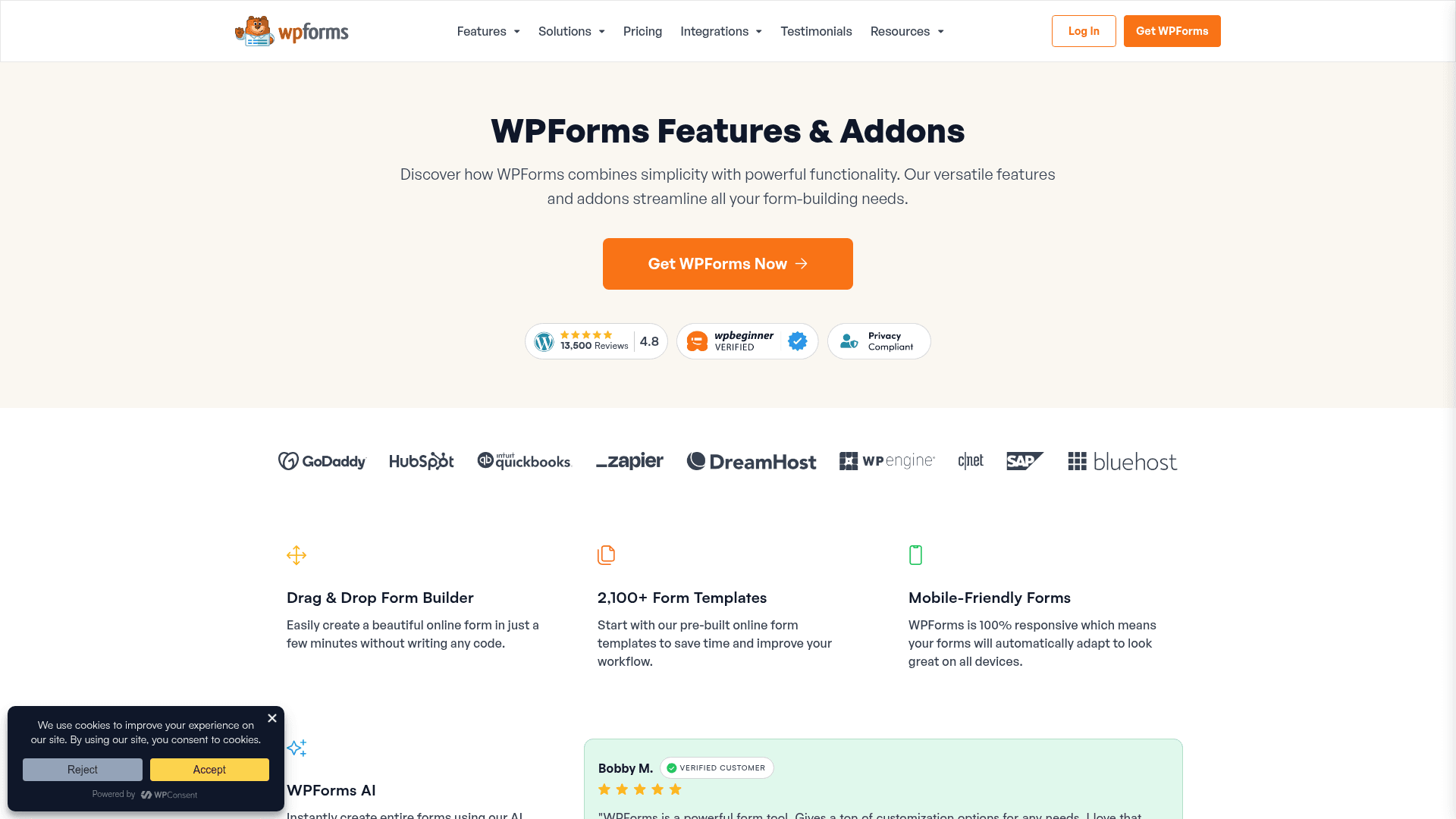WPForms features page screenshot