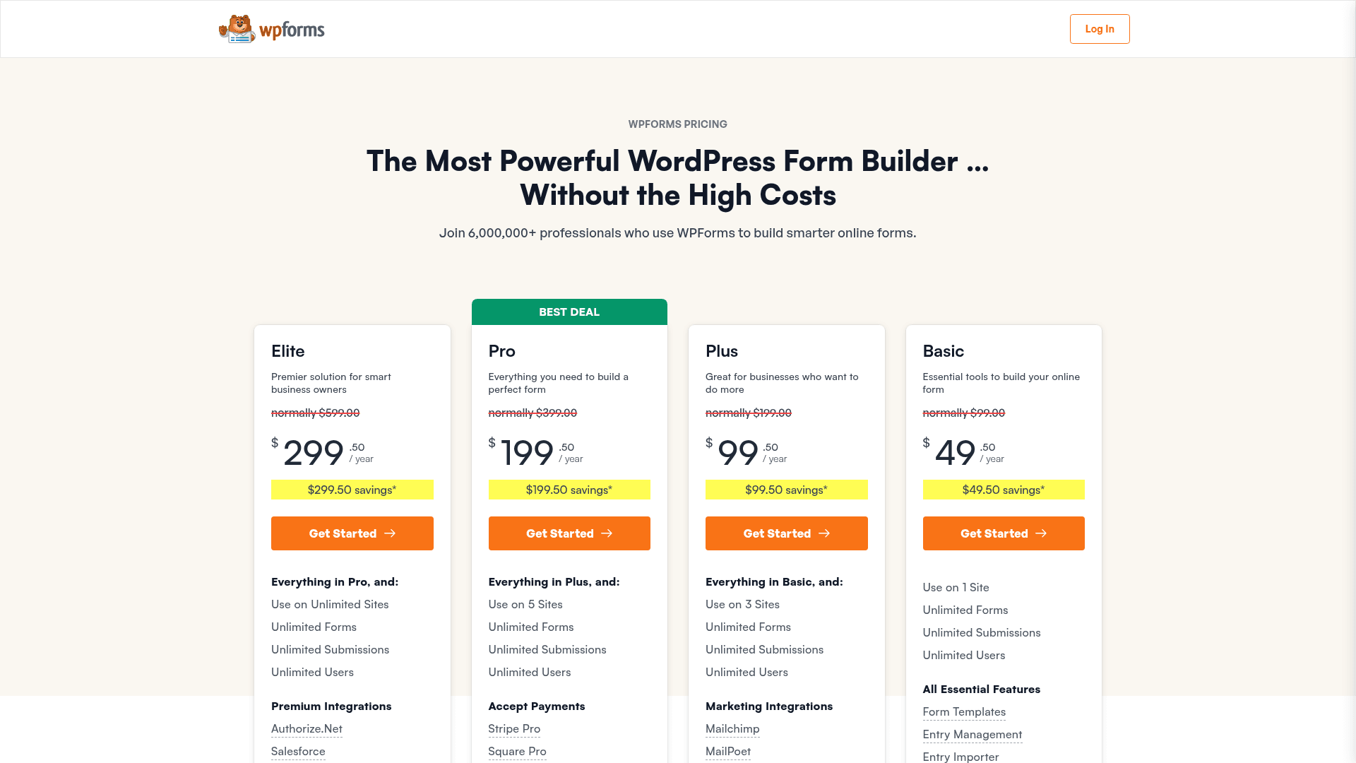 WPForms pricing page screenshot