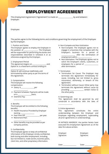 First page of the employee agreement PDF that comes with the template