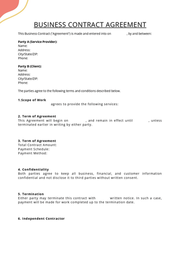 First page of the business contract agreement PDF that comes with the template