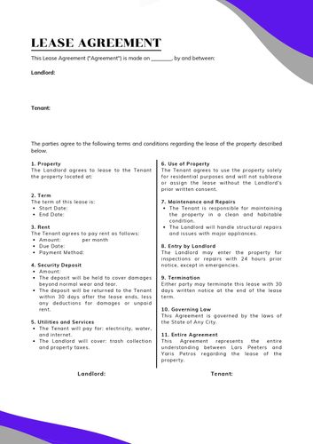 First page of the lease agreement PDF that comes with the template