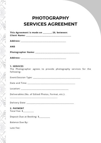First page of the photography services contract PDF that comes with the template