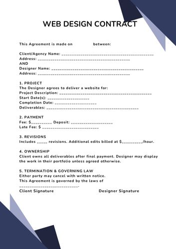 First page of the web design contract PDF that comes with the template