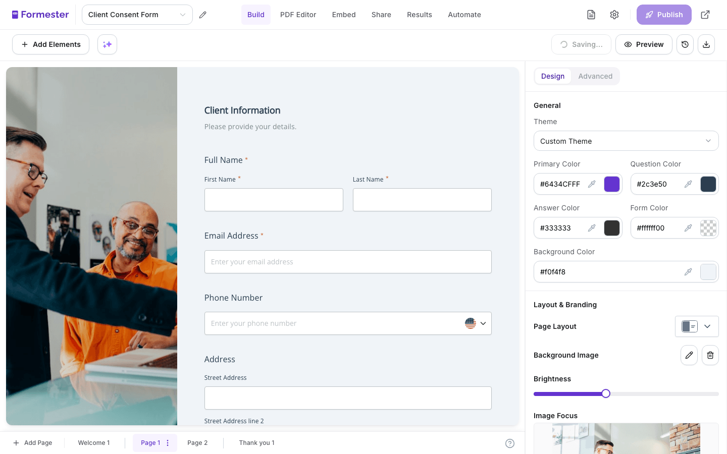 Formester form editor showing Client Information fields with Full Name, Email Address, Phone Number, and Address on the consent form template