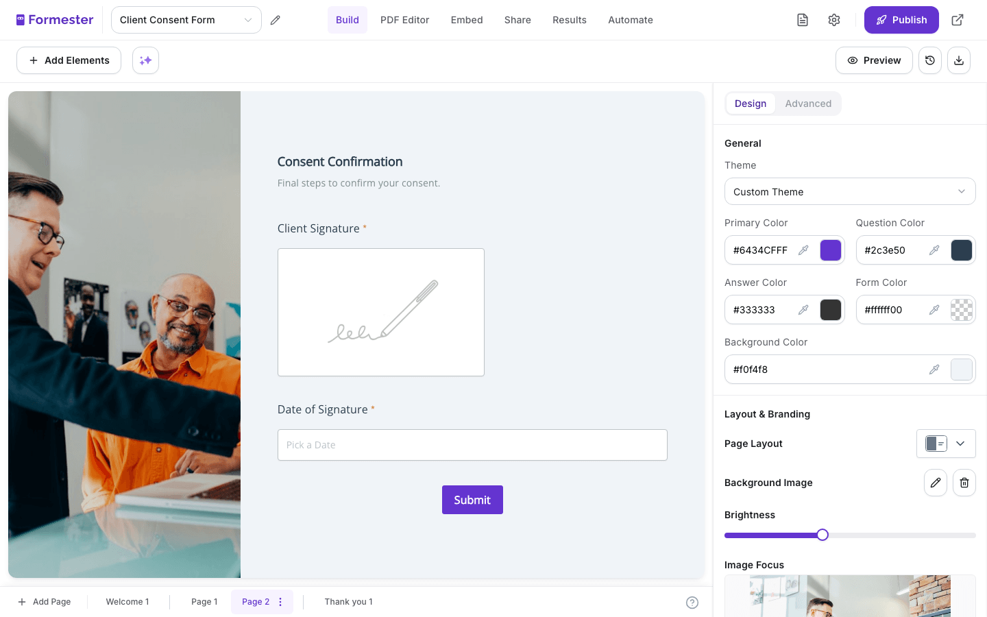 Formester form editor showing the Consent Confirmation page with a drawn Client Signature field and Date of Signature field