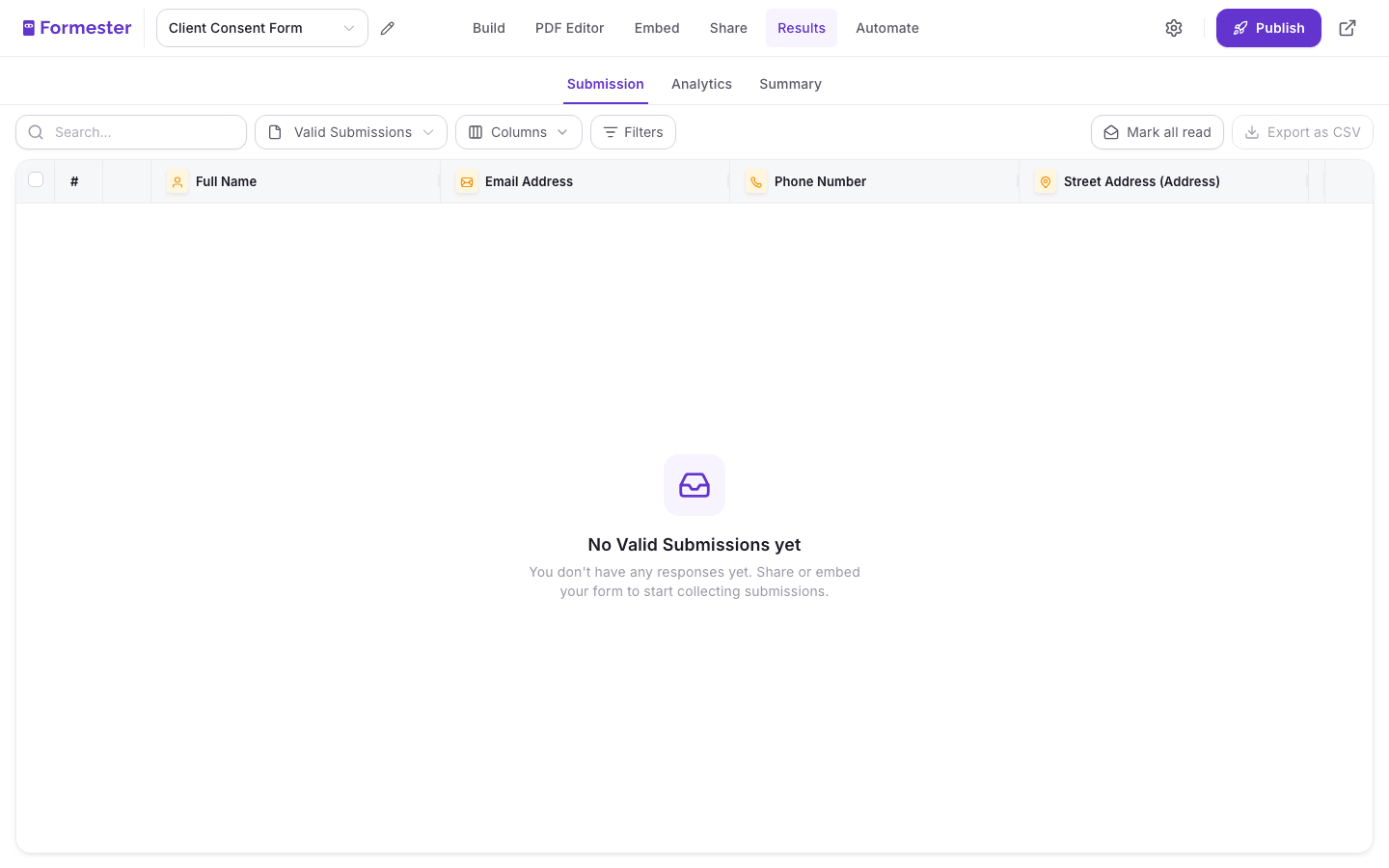 Formester Submissions view showing the audit-ready record store with search, filter, columns, and Export as CSV button