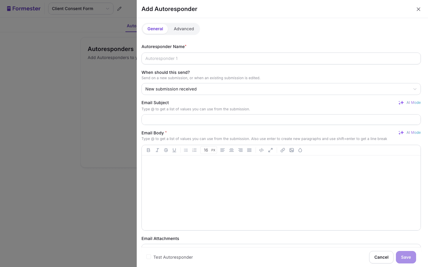 Formester Add Autoresponder modal for configuring an email to the signer with the signed consent as a PDF attachment