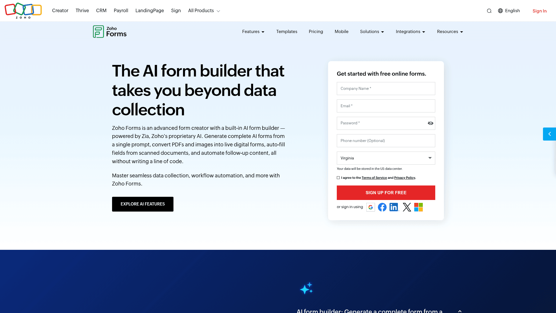 Zoho Forms homepage hero screenshot