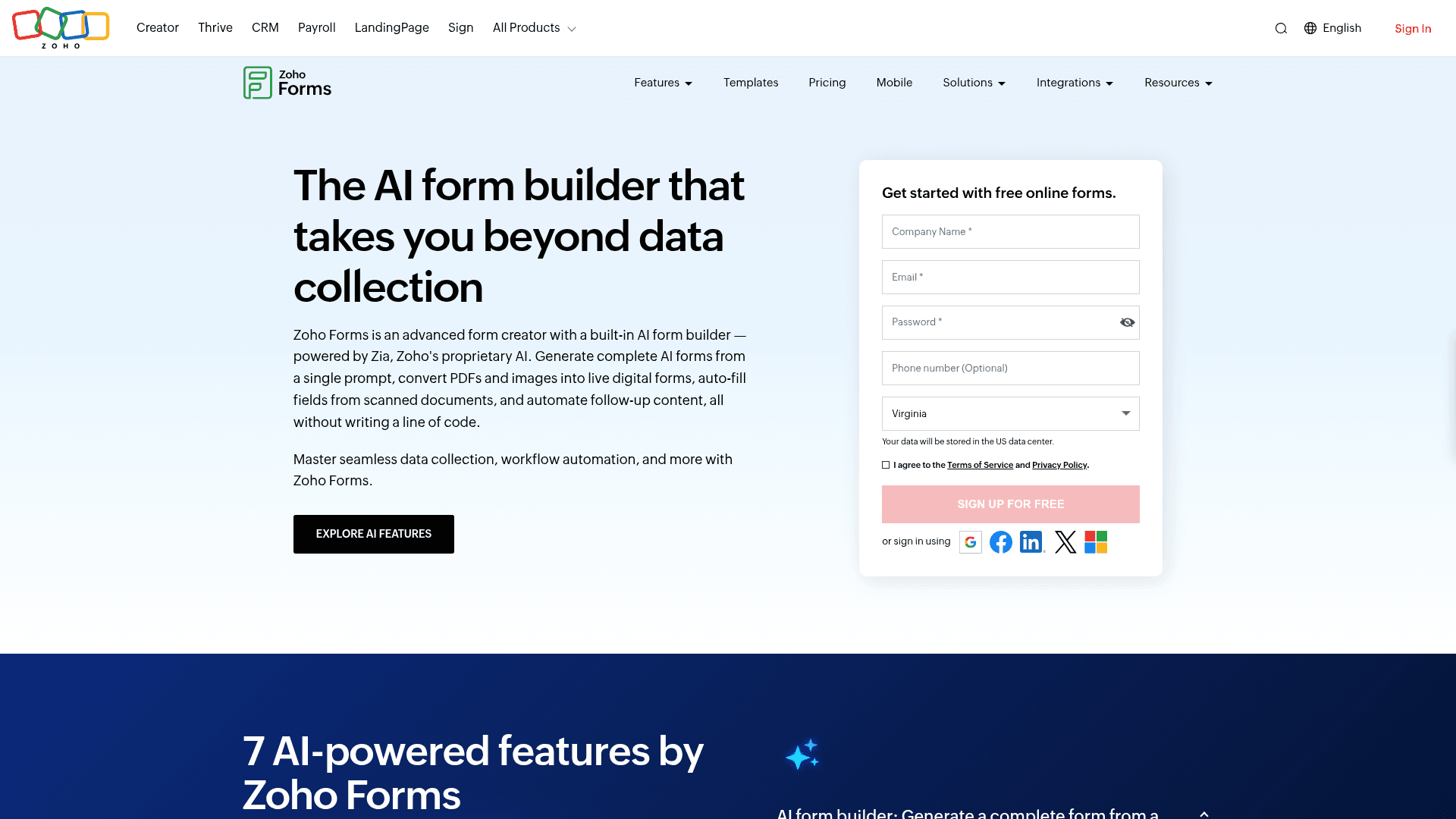Zoho Forms homepage hero screenshot