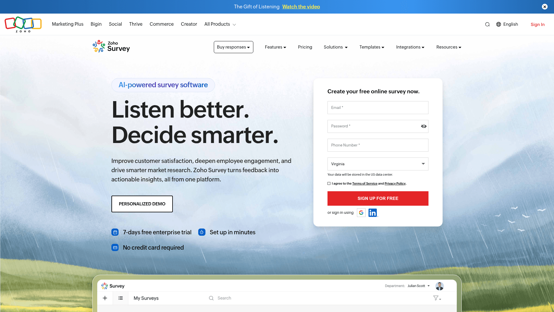 Zoho Survey homepage hero screenshot